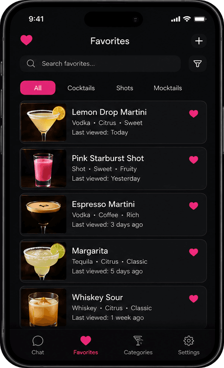 The Liquid Candy favorites screen: saved drinks including a Lemon Drop Martini, Pink Starburst Shot and Espresso Martini, each with its spirit, flavor profile and when it was last viewed.